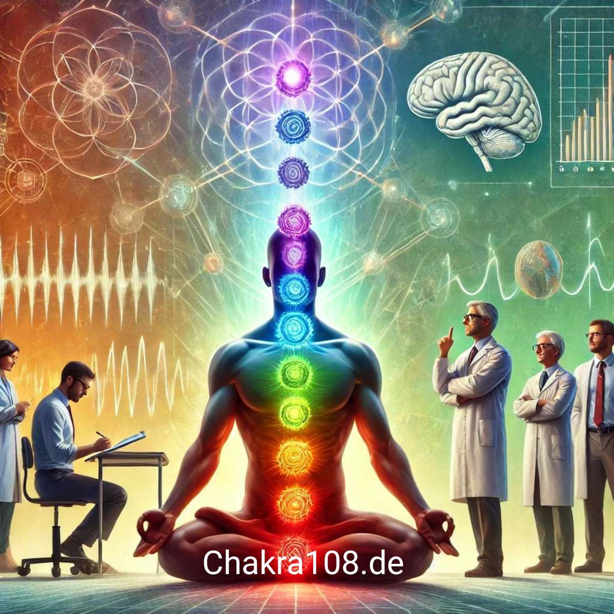 Chakra-Meditation und Forschung Chakra-Yogi mit leuchtenden Chakren wird von Wissenschaftlern untersucht.